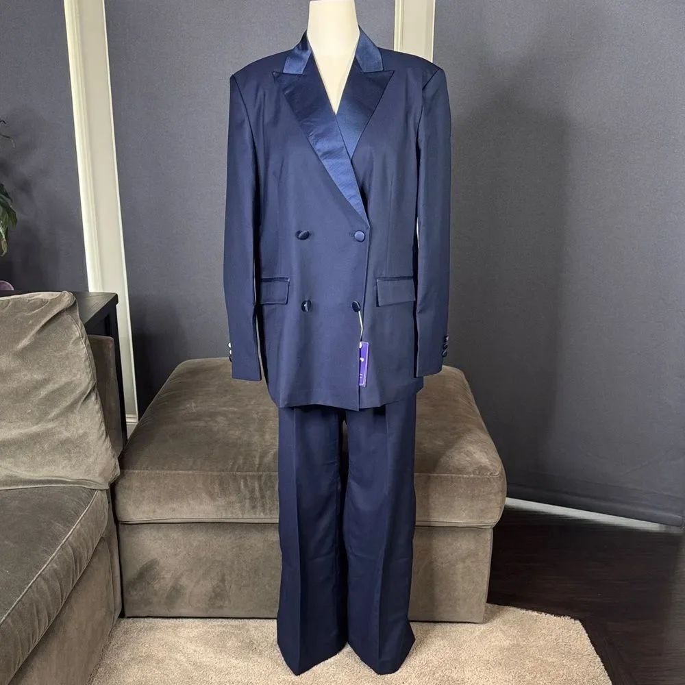 Women’s Blue Double Breasted 2 Piece Suit Tuxedo Satin Peak Lapel Size 12 NWT